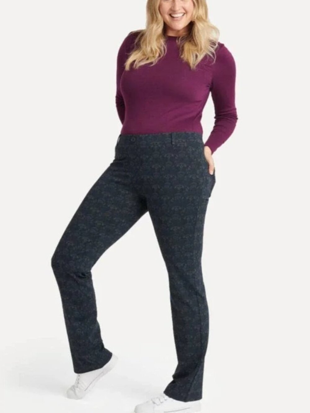 New Betabrand Blue Damask Straight Two Pocket Dress Pant Yoga Pants Small